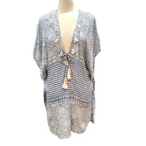 Cool Change Batik Print Tassel Swim Cover Up Blue White SZ‎ L